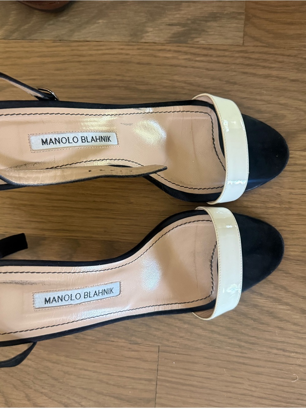 Manolo Blahnik Black and Cream Patent Leather Slingback heels